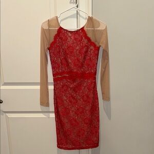 NWT Fabrik Red Lace Dress with Sheer Sleeves